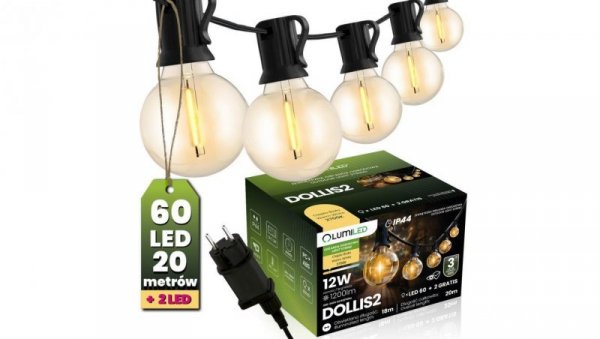 Girlanda Ogrodowa Zewnętrzna Łańcuch Świetlny 20m 60x LED + 2 Żarówki 12W Ciepła 2700K DOLLIS2 LUMILED