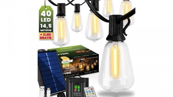 Girlanda Solarna Ogrodowa 40x LED Ozdobne Żarówki 14,5m 2700K Ciepła + Pilot PYRIS LUMILED