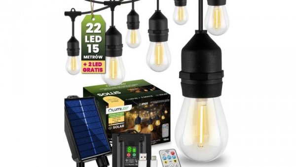 Girlanda Solarna Ogrodowa 22x LED Ozdobne Żarówki 15m + PILOT IP65 2700K Ciepła SOLLIS LUMILED
