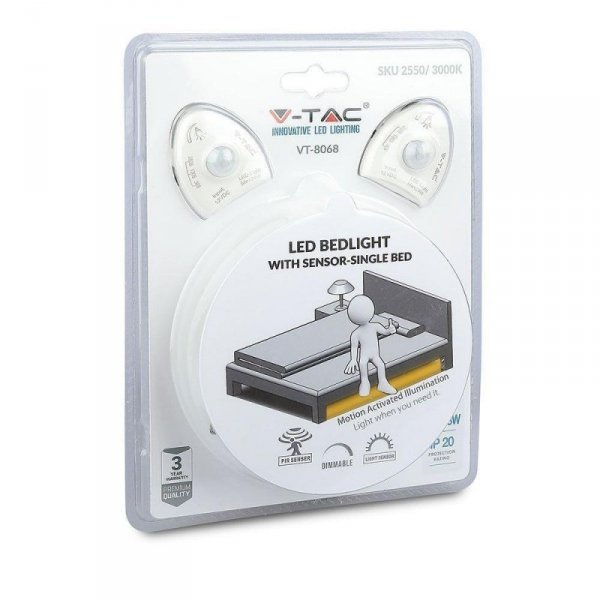Nocne Oświetlenie LED V-TAC Czujnik Ruchu Podwójne Łóżko 2x1,2mb VT-8068 3000K 260lm 3 Lata Gwarancji