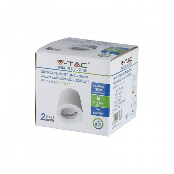 Oprawa V-TAC GIPS GU10 Natynkowa Tuba Okrągła Biała 75x75mm VT-716RD
