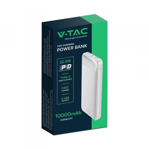 Power Bank V-TAC 10000mAh Biały 2xUSB Type C SZYBKI 22,5W V-TAC VT-10005-W