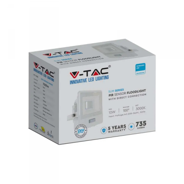 Projektor LED V-TAC 10W SAMSUNG CHIP Czujnik Ruchu Biały Z MUFĄ VT-118S 4000K 735lm 5 Lat Gwarancji