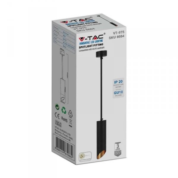 Oprawa Zwieszana V-TAC GU10 GU10 Czarny+Złoty 55x200mm VT-975-200 3 Lata Gwarancji