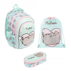 ZESTAW PLECAK 3 KOMOROWY PIÓRNIK WOREK NA OBUWIE PUSHEEN MINT