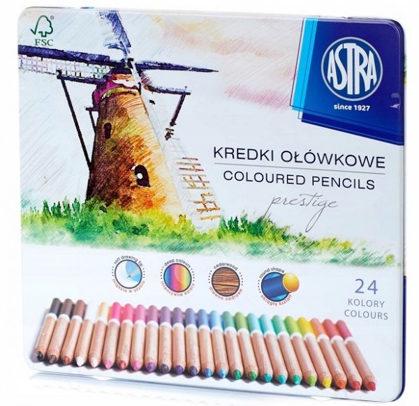 Kredki ołówkowe 24 kolorów ASTRA PRESTIGE okrągłe z drewna cedrowego w metalowym pudełku  1934