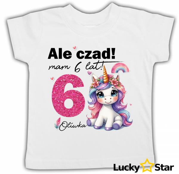 Koszulka dziecieca Jednorożec brokatowa cyfra personalizowana