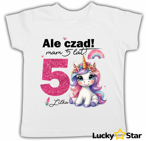 Koszulka dziecieca Jednorożec brokatowa cyfra personalizowana