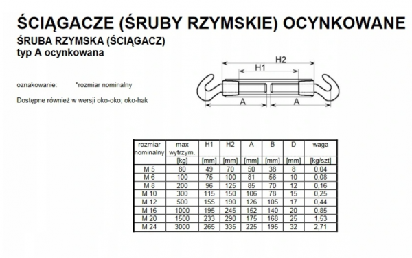 ŚRUBA RZYMSKA HAK+HAK  M5 