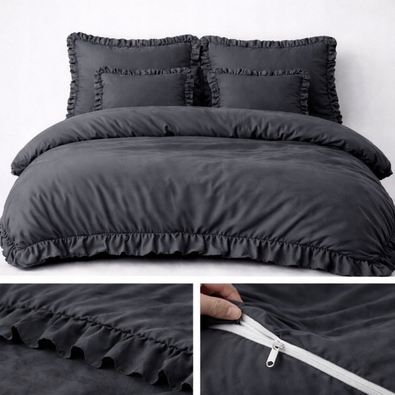 POŚCIEL 200x220 Z FALBANĄ KOMPLET 3 CZĘŚCIOWY MIKROFIBRA KOLOR GRAFIT