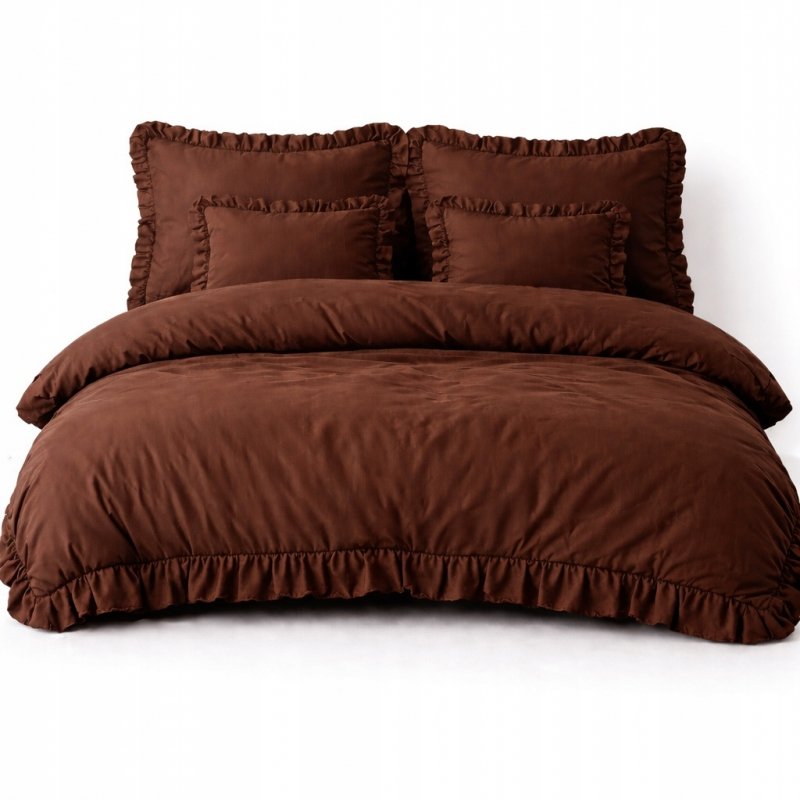 POŚCIEL 160x200 Z FALBANĄ KOMPLET 3 CZĘŚCIOWY MIKROFIBRA KOLOR BRĄZ