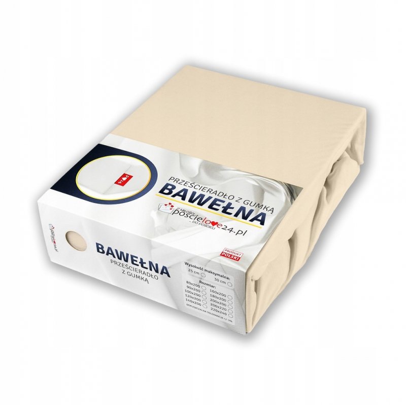 Prześcieradło 220x240 z Gumką GRUBA Bawełna Premium Bok 30 cm Kość słoniowa