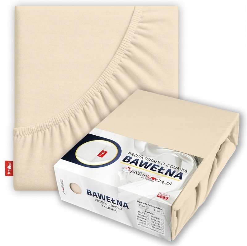 Prześcieradło 220x240 z Gumką GRUBA Bawełna Premium Bok 30 cm Kość słoniowa