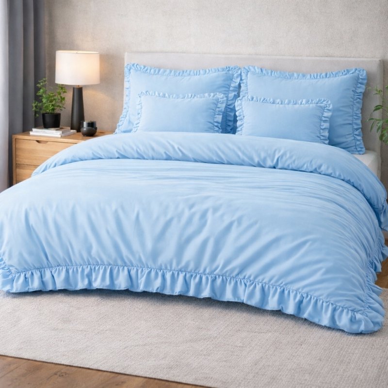 POŚCIEL 160x200 Z FALBANĄ KOMPLET 3 CZĘŚCIOWY MIKROFIBRA KOLOR BŁĘKIT