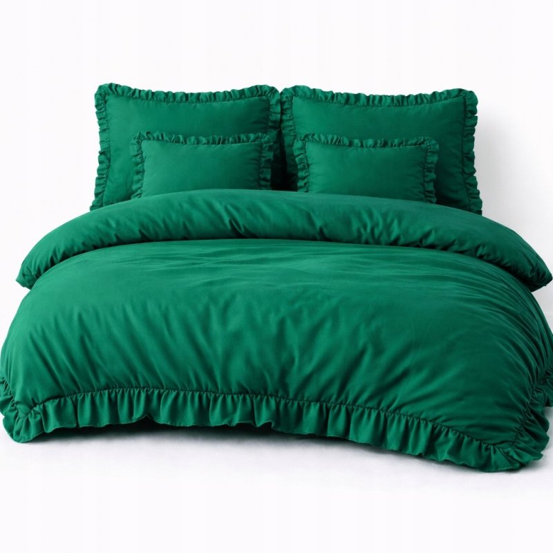 POŚCIEL 160x200 Z FALBANĄ ZIELEŃ KOMPLET 3 CZĘŚCIOWY KOLOR BUTELKOWA