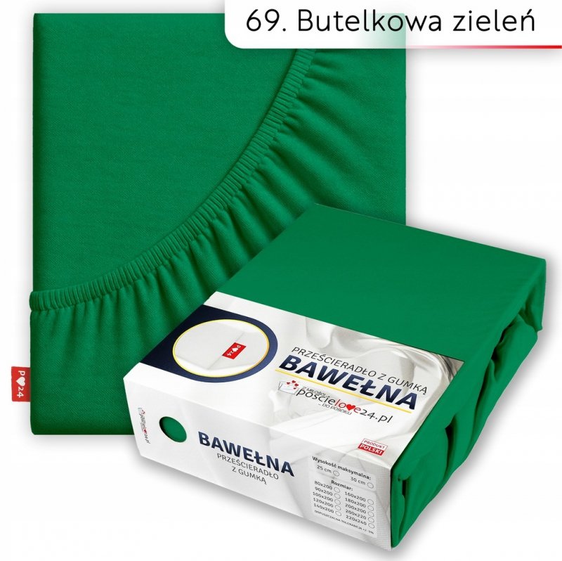 Prześcieradło 80x200 z Gumką GRUBA Bawełna Premium Bok 30 Butelkowa zieleń