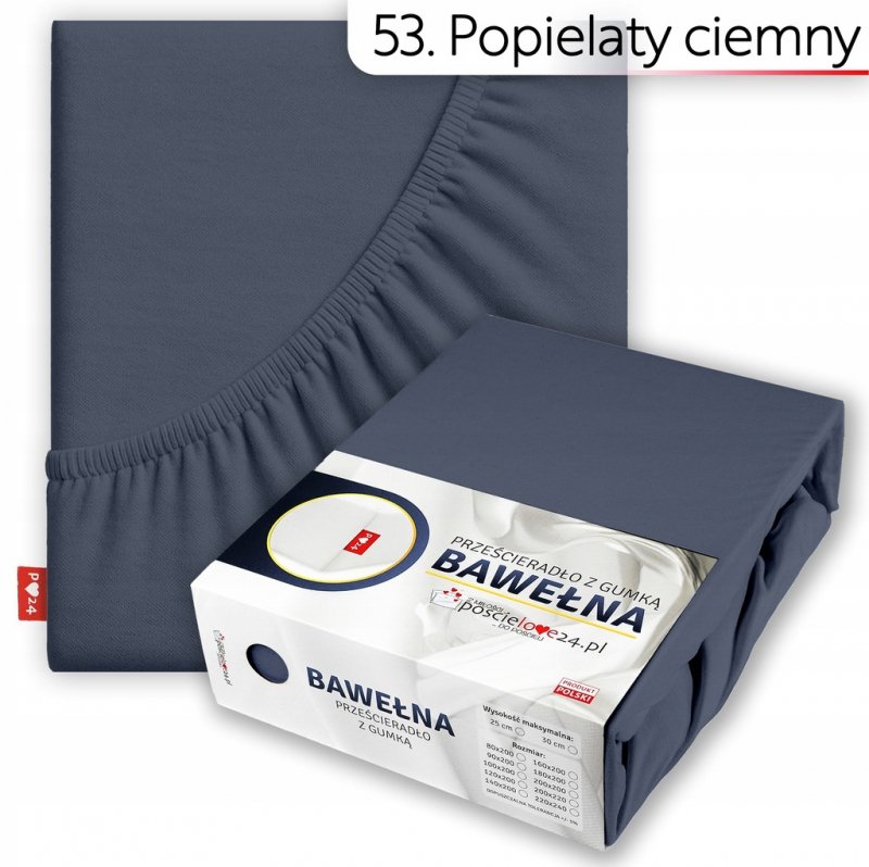 Prześcieradło 200x200 z Gumką GRUBA Bawełna Premium Bok 30 cm Popiel ciemny