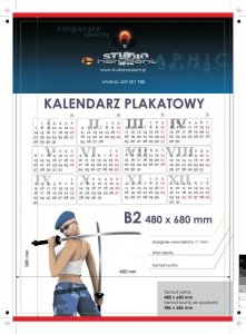 kalendarze planszowe B2 - 250 g, druk jednostronny, pełnokolorowy 4+0, na papierze kredowym, listwy z zawieszką góra dół po krótkim boku, 1000 sztuk