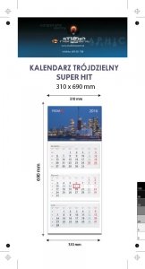Kalendarz trójdzielny SUPER HIT - całość na Kartonie Alaska 250 g, 310 x 690 mm, Druk jednostronny kolorowy 4+0 CMYK, 3 oddzielne kalendaria, 290 x 145 mm, czerwono - czarne, okienko osobno - 250 sztuk