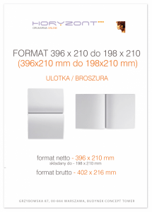 ulotka 396 x 210 składana do 198 x 210 mm, druk pełnokolorowy obustronny 4+4, na papierze kredowym, 250 g, 100 sztuk