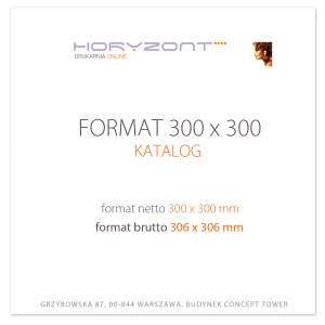 katalog klejony PUR 300x300 mm, okładka - kreda 250 g + środki 130 g, 64+4 str . okładka foliowana 1+0, 250 sztuk