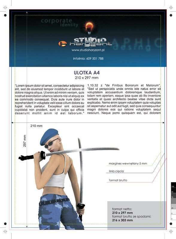 ulotka A4, druk pełnokolorowy obustronny 4+4, na papierze kredowym, 250 g, 450 sztuk