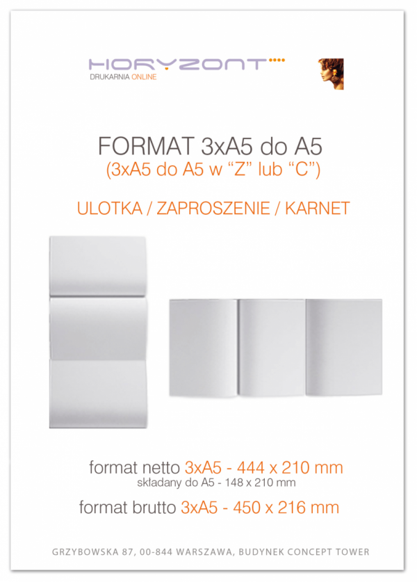 ulotka 3xA5 składana do A5, druk pełnokolorowy obustronny 4+4, na papierze kredowym, 130 g, 250 sztuk  