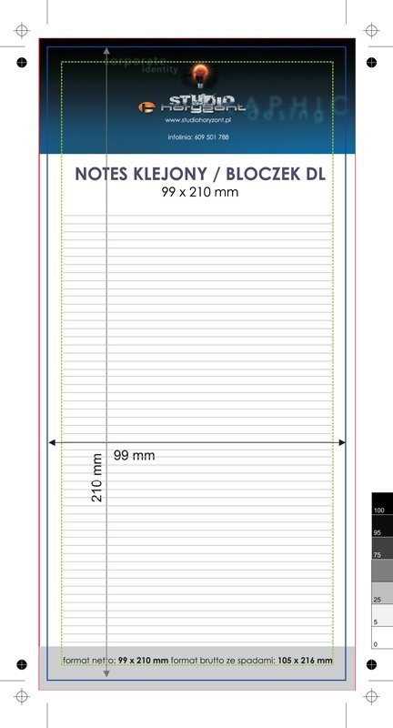 notes DL, druk jednostronny pełnokolorowy 4+0, offset 80 g, 50 kart, 300 sztuk
