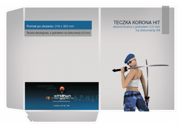 teczka Ekono Korona Hit, druk pełnokolorowy jednostronny 4+0, bez folii, kreda mat 350 g, 150 sztuk  