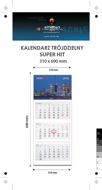Kalendarz trójdzielny SUPER HIT - całość na Kartonie Alaska 250 g, 310 x 690 mm, Druk jednostronny kolorowy 4+0 CMYK, 3 oddzielne kalendaria, 290 x 145 mm, czerwono - czarne, okienko osobno - 250 sztuk