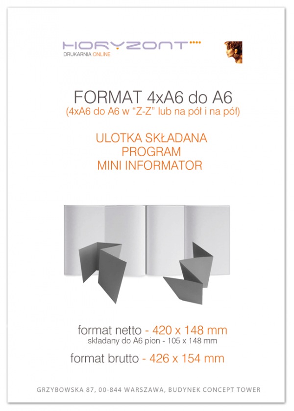 ulotka 4xA6 składana do A6, druk pełnokolorowy obustronny 4+4, na papierze kredowym, 170 g, 5000 sztuk