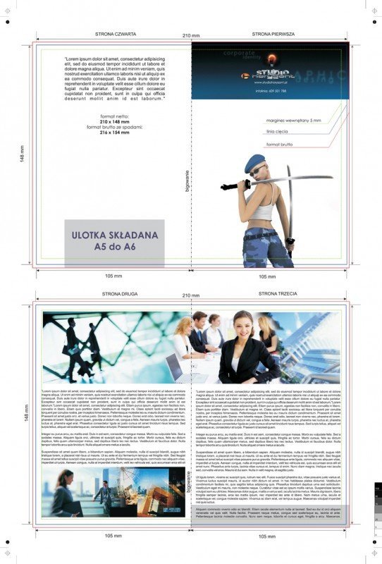 ulotka A5 składana do A6, druk pełnokolorowy obustronny 4+4, na papierze kredowym, 170 g, 200 sztuk