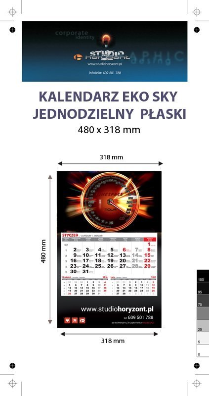 Kalendarz jednodzielny Eko Sky, płaski, druk jednostronny kolorowy (4+0), Folia błysk jednostronnie, Podkład - Karton 300 g, okienko czerwone - 5 sztuk