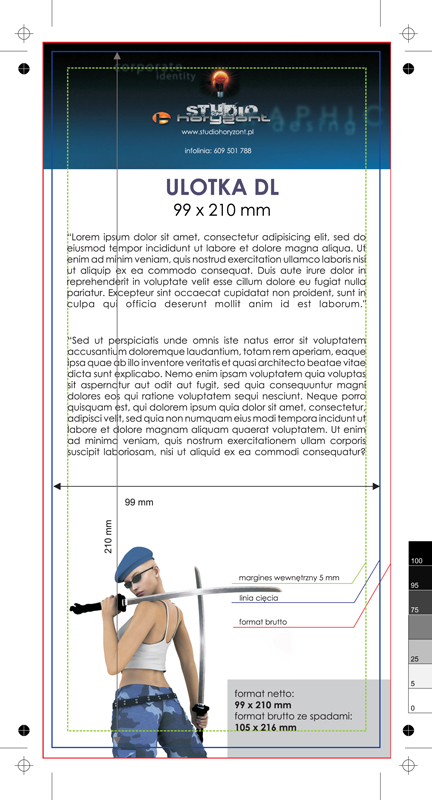 ulotka DL, druk pełnokolorowy obustronny 4+4, na papierze kredowym, 170 g, 25 sztuk 