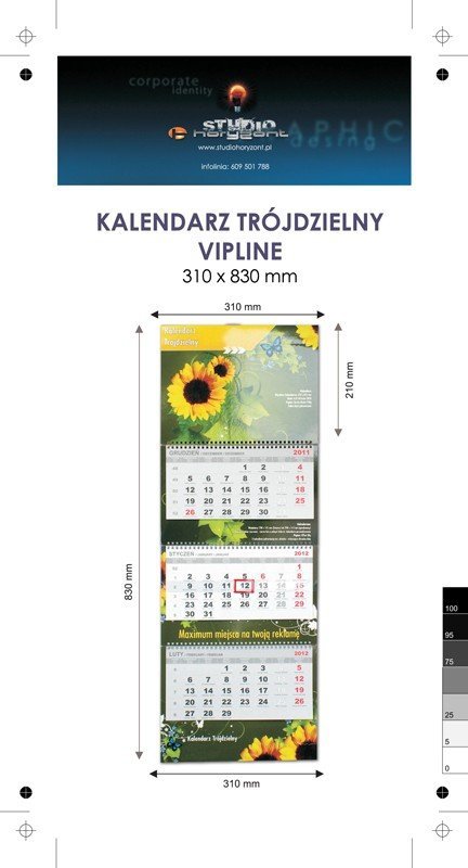 Kalendarz trójdzielny spiralowany VIP LINE z wypukłą główką, druk (4+0) Karton Alaska 250 g, Folia błysk jednostronnie, 310 x 830 mm, Spiralowany, 3 bloki - 50 szt. 