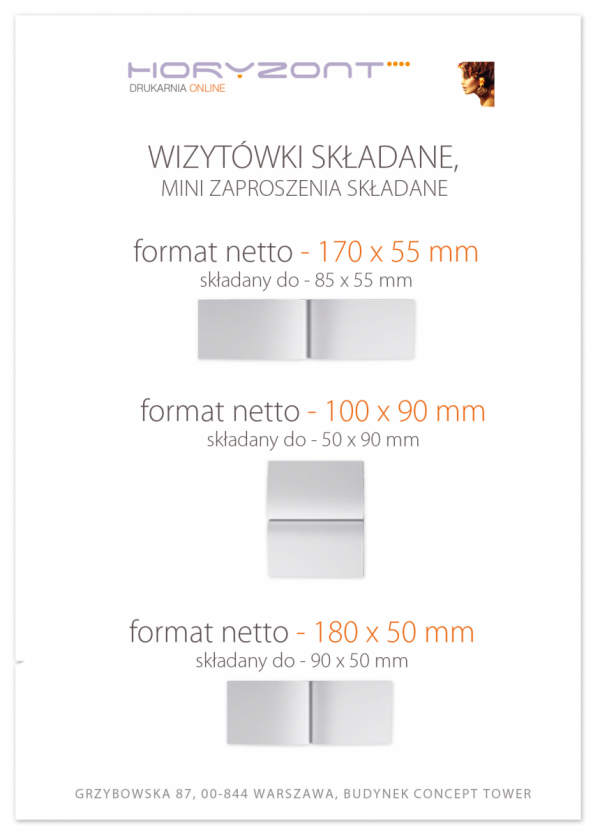wizytówki 170 x 55 składane do 85 x 55 mm, 1 big pionowo, druk dwustronny, kreda 350 g - 1000 sztuk  