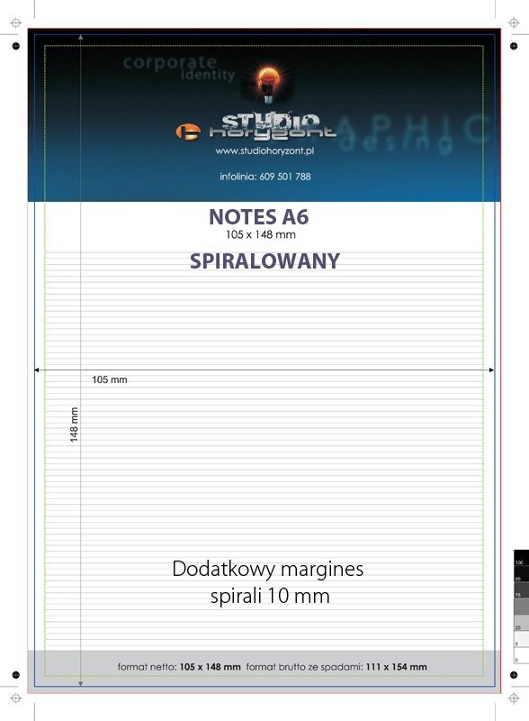 Notes spiralowany A6, 4/0, Ilość kart: 50, Kreda mat 300 g (okładka foliowana) + Offset 80 g (Środek), Metalowa spirala - 1000 sztuk