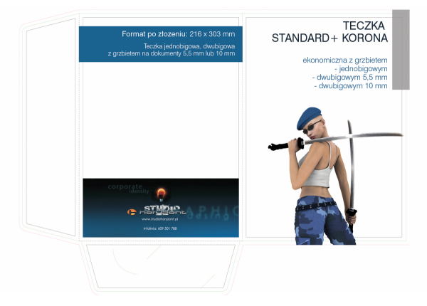 teczka Standard+ Korona, druk pełnokolorowy jednostronny 4+0, foliowane mat + uv, kreda mat 350 g, 25 sztuk