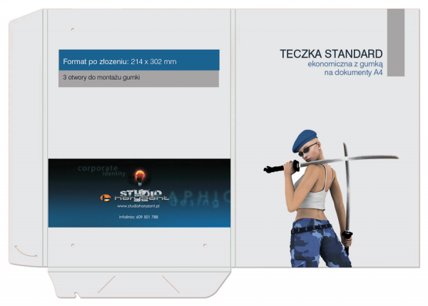 teczka standard ekonomiczna z gumką, 338 x 479 mm, druk pełnokolorowy 4+0, foliowana mat + UV, kreda 350 g, 400 sztuk