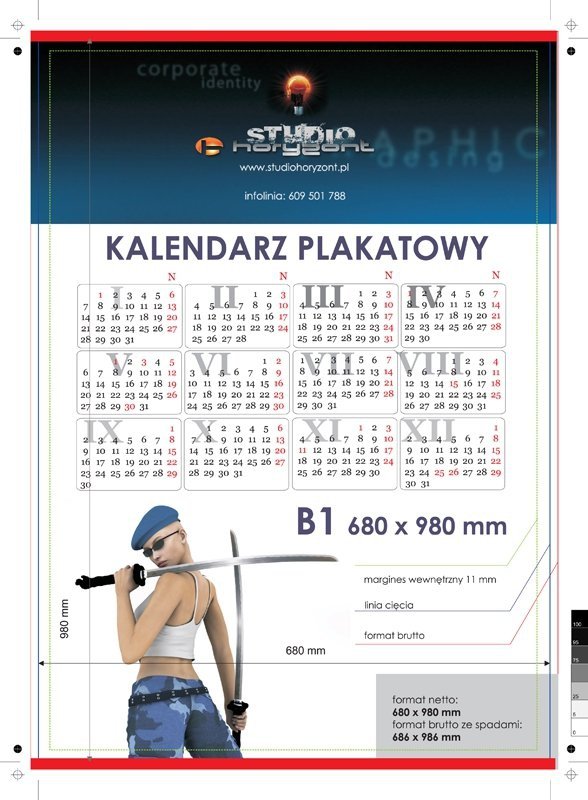 kalendarze planszowe B1 - 170 g, druk jednostronny, pełnokolorowy 4+0, na papierze kredowym, listwy z zawieszką góra dół po krótkim boku, 10 sztuk