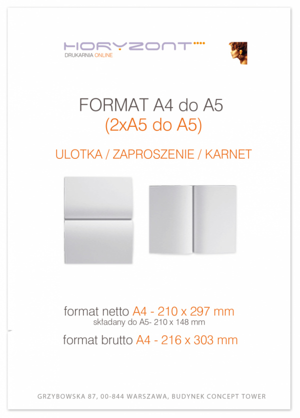 ulotka A4 składana do A5, druk pełnokolorowy obustronny 4+4, na papierze kredowym, 130 g, 125 sztuk