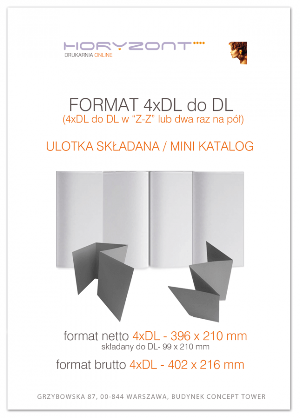 ulotka 4xDL składana do DL (8 stron DL), druk pełnokolorowy obustronny 4+4, na papierze kredowym, 130 g,  250 sztuk  