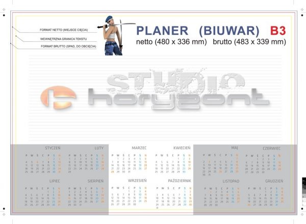 Podkład na biurko - biuwar B3 - 480 x 336 mm, offset 80g + karton na spód, 4+0, 26 kart, klejenie dolnej krawędzi - 10 sztuk