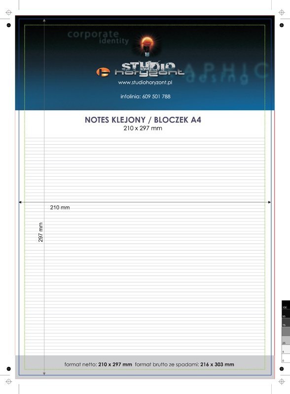 notes A4, druk jednostronny pełnokolorowy 4+0, offset 80 g, 50 kart, 900 sztuk