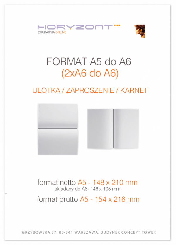 ulotka A5 składana do A6, druk pełnokolorowy obustronny 4+4, na papierze kredowym, 130 g, 250 sztuk  