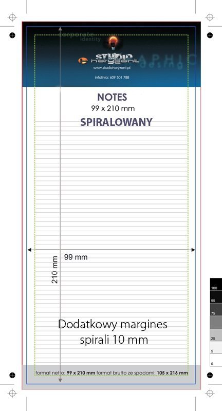 Notes spiralowany DL, druk jednostronny pełnokolorowy 4+0, Ilość kart: 25, Kreda mat 300 g (okładka foliowana) + Offset 80 g (Środek), Metalowa spirala - 50 sztuk