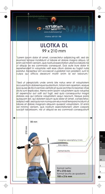 ulotka DL, druk pełnokolorowy obustronny 4+4, na papierze kredowym, 250 g, 75 sztuk