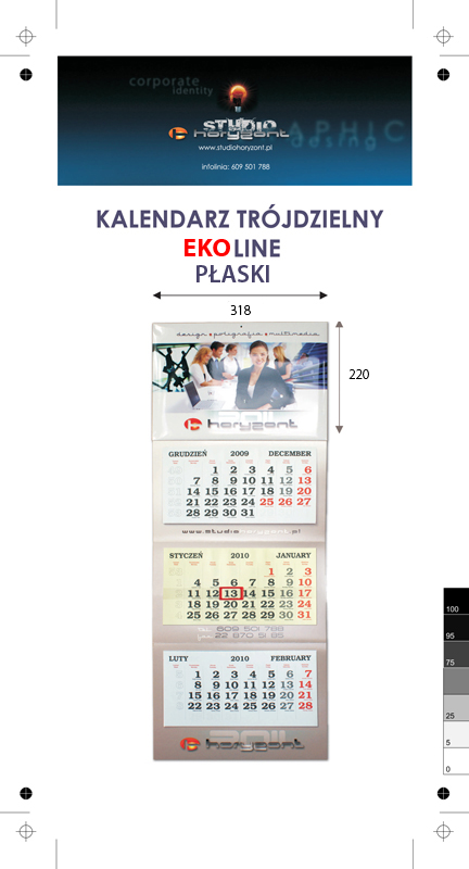 Kalendarz trójdzielny EKOLINE (płaski) bez koperty, druk jednostronny kolorowy (4+0), podkład - karton 300 g, 3 białe bloki, okienko - 800 sztuk