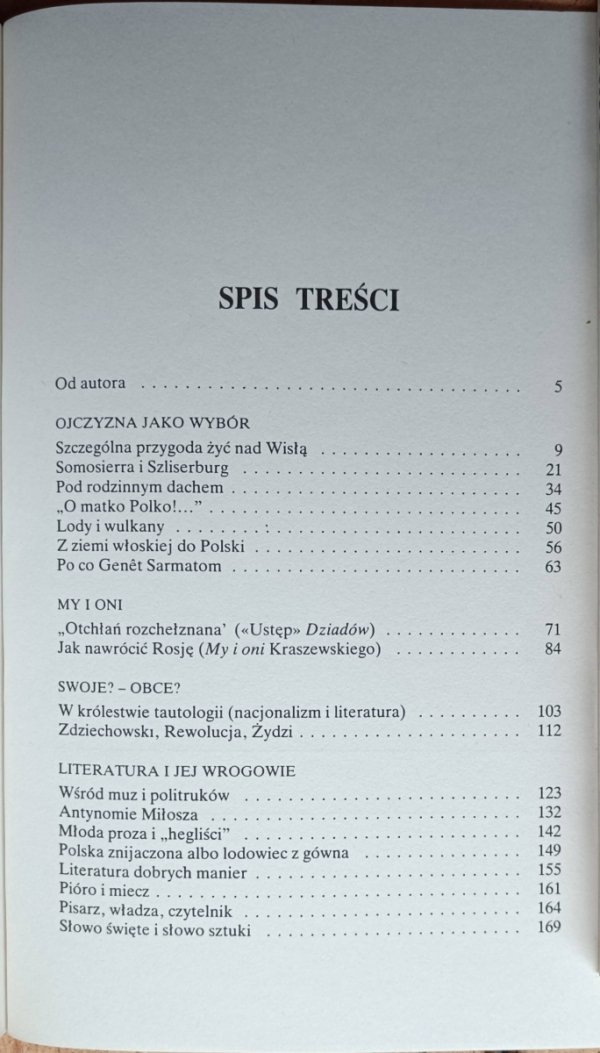 Jan Prokop  Szczególna przygoda żyć nad Wisłą. Studia i szkice literackie - spis treści