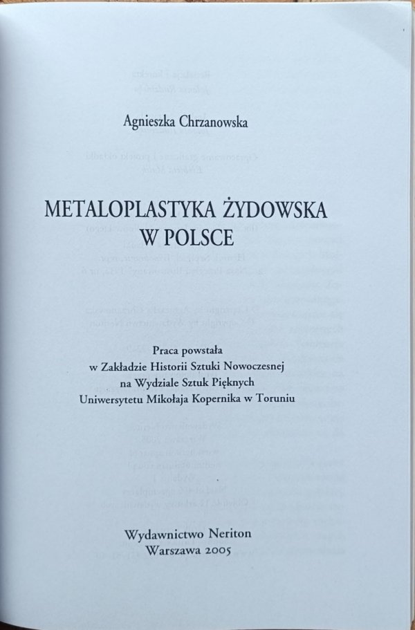 Agnieszka Chrzanowska  Metaloplastyka żydowska w Polsce - strona tytułowa